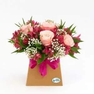Arranjo de Rosas Cor-de-Rosa com Astromélias e Gipso em Base Kraft