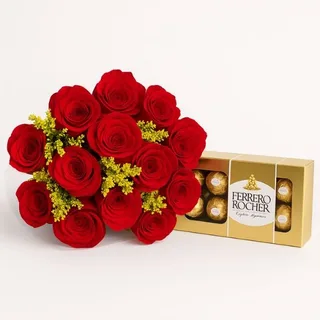 Buquê com 12 Rosas Vermelhas e Ferrero Rocher