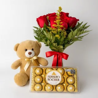 Buquê com 6 Rosas Vermelhas, Pelúcia e Caixa Ferrero Rocher