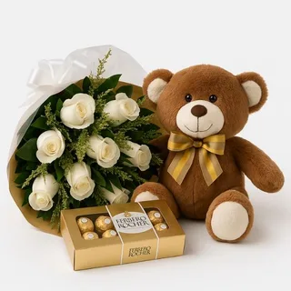 Buquê com 8 Rosas Brancas, Urso de Pelúcia e Chocolates Ferrero Rocher