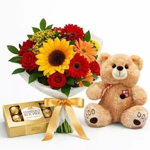 Buquê com Girassol, Rosas Vermelhas, Ferrero Rocher e Ursinho de Pelúcia