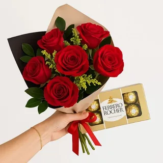 Buquê de 6 Rosas Vermelhas com Ferrero Rocher