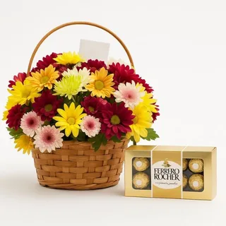 Cesta de Flores do Campo Coloridas com Chocolates Ferrero Rocher