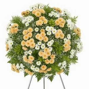 Coroa de Flores Brancas e Alaranjadas com Margaridas e Crisântemos