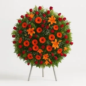 Coroa Fúnebre com Rosas Vermelhas, Gérberas e Lírios Laranjas