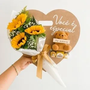 Kit Presente Girassóis com Ursinho e Ferrero Rocher