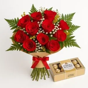 Buquê com 12 Rosas Vermelhas e Caixa de Bombons Ferrero Rocher