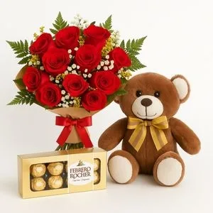 Buquê com 12 Rosas Vermelhas, Urso de Pelúcia e Bombons Ferrero Rocher