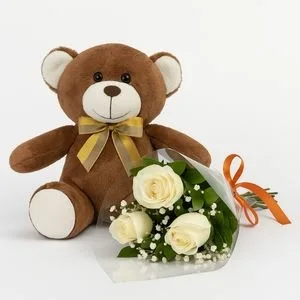 Buquê com 3 Rosas Brancas e Urso de Pelúcia