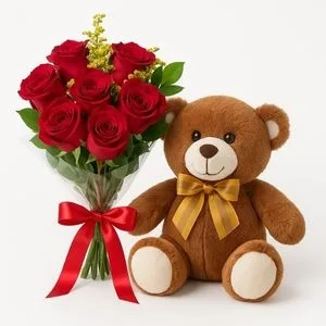 Buquê com 7 Rosas Vermelhas e Urso de Pelúcia