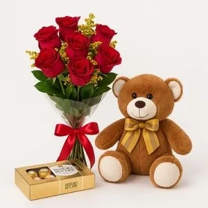 Buquê com 7 Rosas Vermelhas, Ferrero Rocher e Urso de Pelúcia