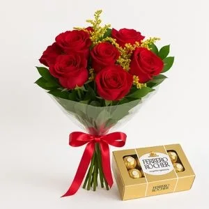 Buquê com 8 Rosas Vermelhas e Caixa de Ferrero Rocher