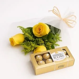 Buquê de 3 Rosas Amarelas com Ferrero Rocher
