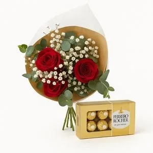 Buquê de 3 Rosas Vermelhas com Mosquitinho e Ferrero Rocher