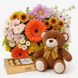 Buquê de Flores Coloridas com Urso de Pelúcia e Ferrero Rocher