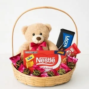 Cesta de Chocolate com Urso de Pelúcia e Bombons Sortidos