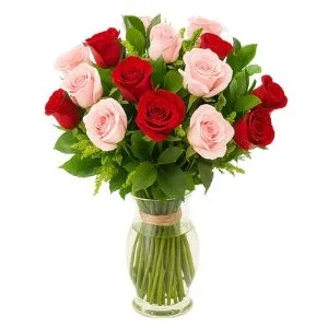Arranjo de 15 Rosas Rosada e Vermelha no Vaso de Vidro