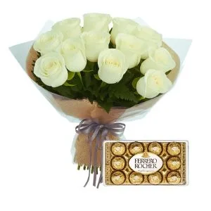 Buquê com 12 Rosas Branca com Chocolate
