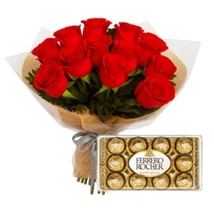 Buquê com 12 Rosas Vermelha com Chocolate