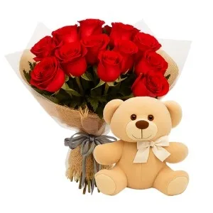 Buquê com 12 Rosas Vermelha com Pelúcia
