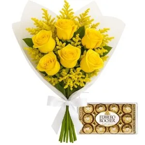 Buquê de 6 Rosas Amarela com Chocolate