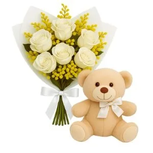 Buquê de 6 Rosas Branca com Pelúcia