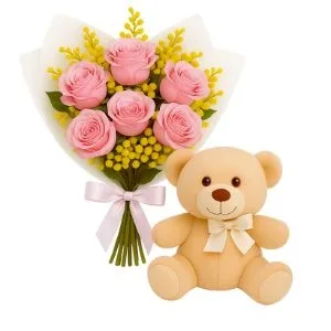 Buquê de 6 Rosas Rosada com Pelúcia