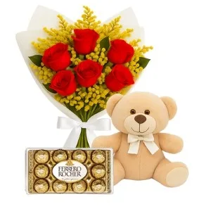 Buquê de 6 Rosas Vermelhas com Pelúcia e Chocolate