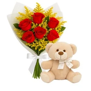 Buquê de 6 Rosas Vermelhas com Pelúcia
