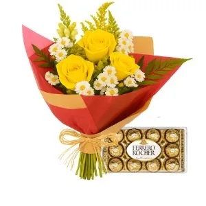 Ramalhete de 3 Rosas Amarela com Chocolate