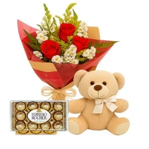 Ramalhete de 3 Rosas Vermelha com Chocolate e Pelúcia