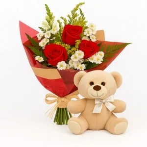 Ramalhete de 3 Rosas Vermelha com Pelúcia
