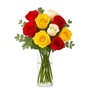 Arranjo com 10 Rosas Colorida no Vaso de Vidro