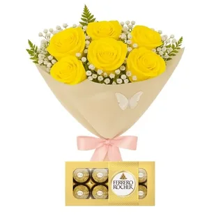 Buquê de 12 Rosas Amarela com Chocolate