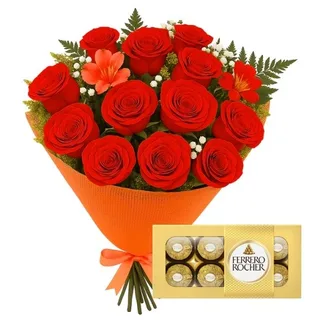 Buquê de 12 Rosas Vermelha com Ferrero Rocher