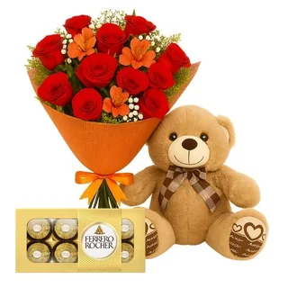 Buquê de 12 Rosas Vermelha com Pelúcia e Chocolate