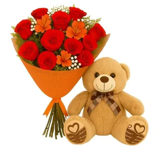 Buquê de 12 Rosas Vermelha com Pelúcia