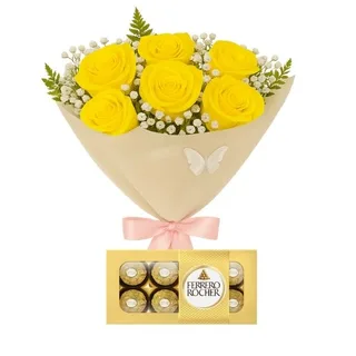 Buquê de 6 Rosas Amarela e Ferrero Rocher