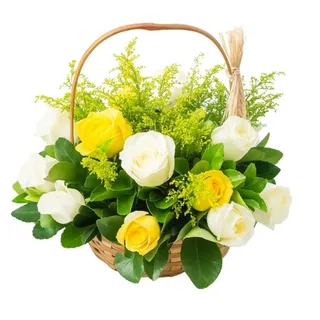 Cesta com 12 Rosas Branca e Amarela