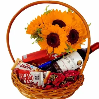 Cesta de Girassol com vinho