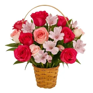 Cesta de Rosas e Astromélias Rosada