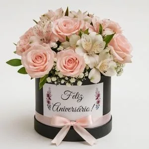 Box de Rosas Rosadas e Astromélias Brancas