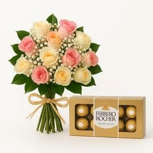 Buquê com 12 Rosas Coloridas e Ferrero Rocher