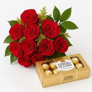 Buquê de 10 Rosas Vermelhas com Ferrero Rocher