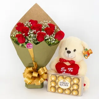 Buquê de 10 Rosas Vermelhas com Pelúcia e Ferrero Rocher