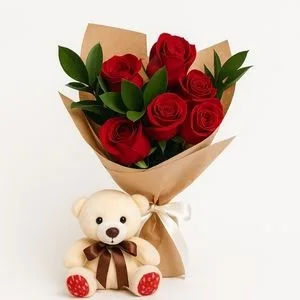 Buquê de 6 Rosas Vermelhas com Urso de Pelúcia