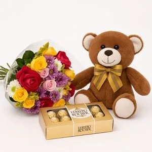 Buquê de Rosas e Flores do Campo Coloridas com Pelúcia e Ferrero Rocher
