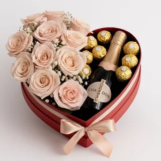 Caixa Coração com Rosas, Chandon e Ferrero Rocher