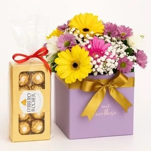 Caixa de Gérberas Coloridas com Ferrero Rocher