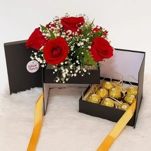 Caixa Luxo com Rosas Vermelhas e Ferrero Rocher